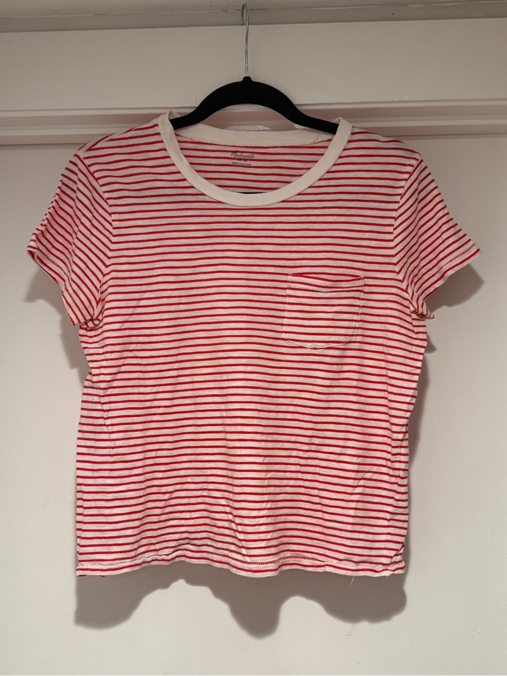 Madewell Red and White Short Sleeve Cotton Crew Neck Brandy Pocket Tee Top - Picture 2 of 7
